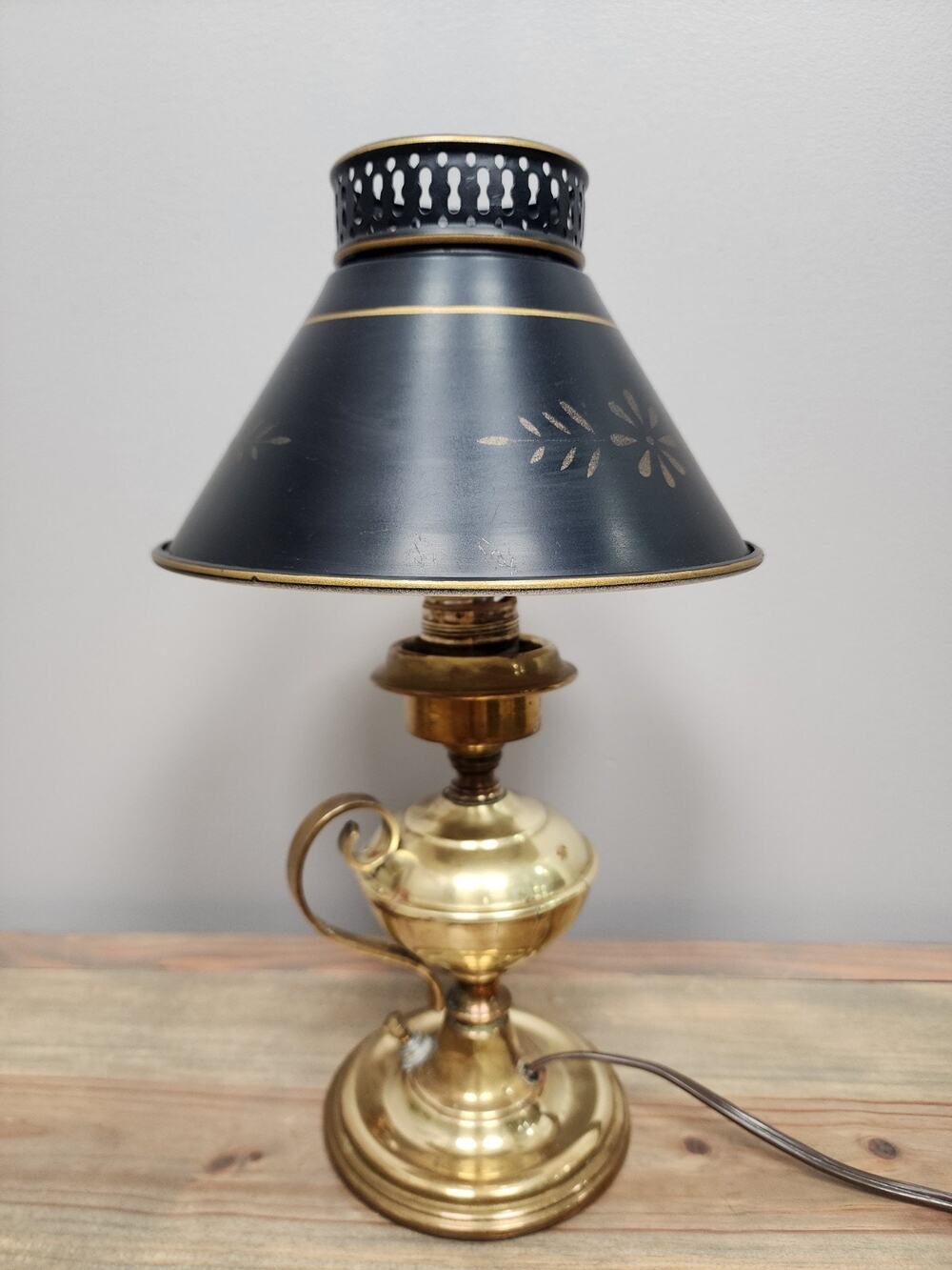 Mid Century Modern Toleware Brass Faux Oil Lamp Base Gold Stenciled 12"